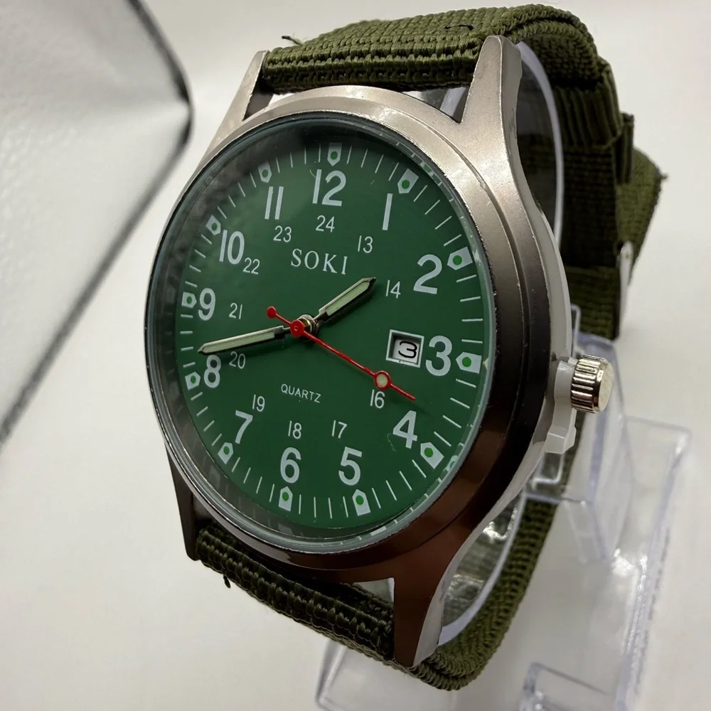 New Soki Canvas Green Face, Military Watch, Date Display, Men's (New Battery)